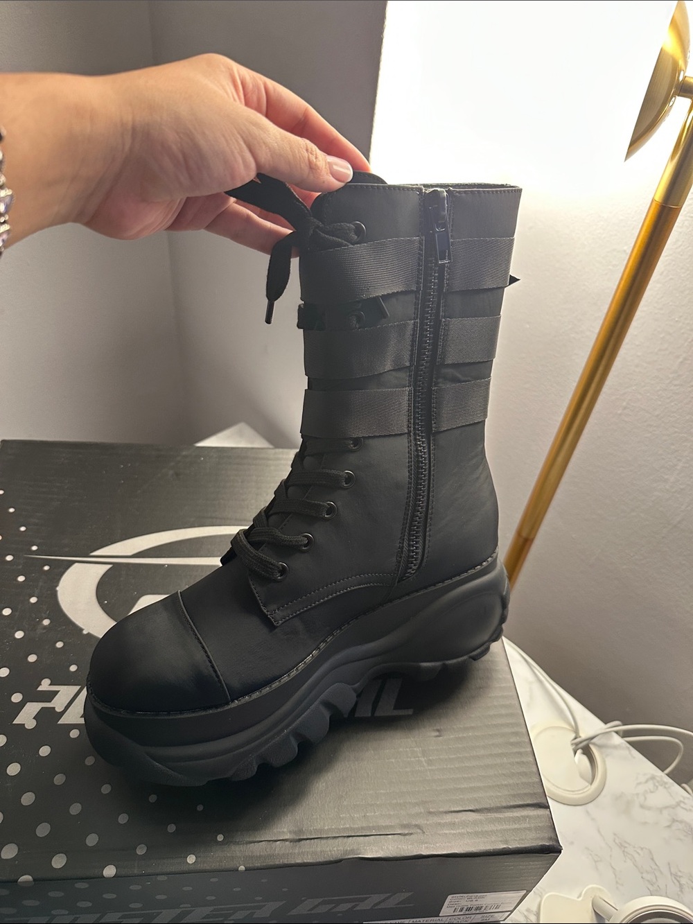 Dolls Kill Black Chunky Platform Combat Boots with Straps - Picture 4 of 5